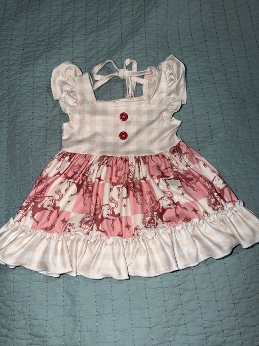 Shea Baby Bucking Bronco Plaid checkered Dress gingham Bodice size 3-6 Mo.